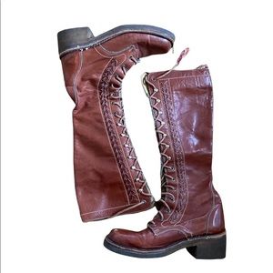 Vintage 15” 70’s Lace Up Tall Leather Boots Size 7.5 M Uruguay Brown